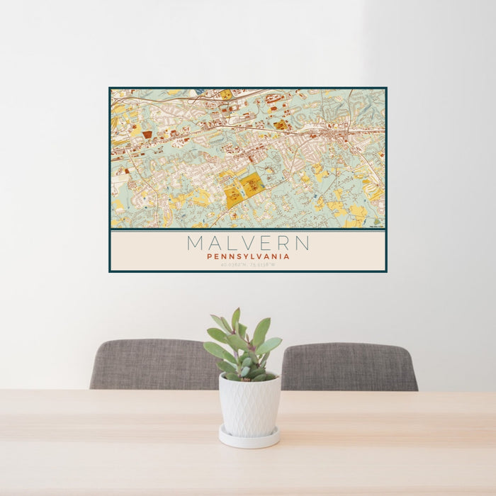 24x36 Malvern Pennsylvania Map Print Lanscape Orientation in Woodblock Style Behind 2 Chairs Table and Potted Plant