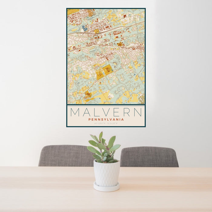 24x36 Malvern Pennsylvania Map Print Portrait Orientation in Woodblock Style Behind 2 Chairs Table and Potted Plant