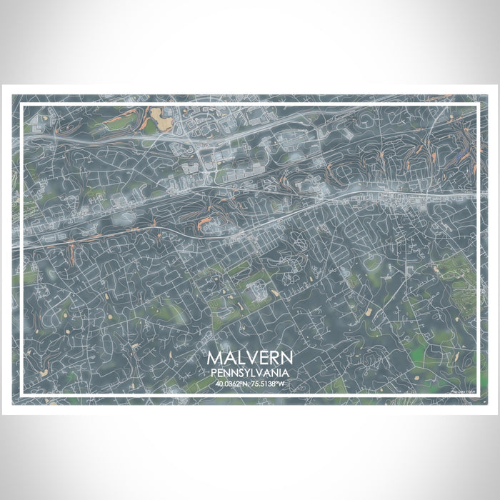 Malvern Pennsylvania Map Print Landscape Orientation in Afternoon Style With Shaded Background