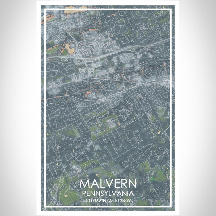 Malvern Pennsylvania Map Print Portrait Orientation in Afternoon Style With Shaded Background