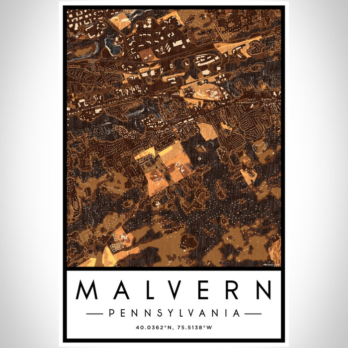 Malvern Pennsylvania Map Print Portrait Orientation in Ember Style With Shaded Background