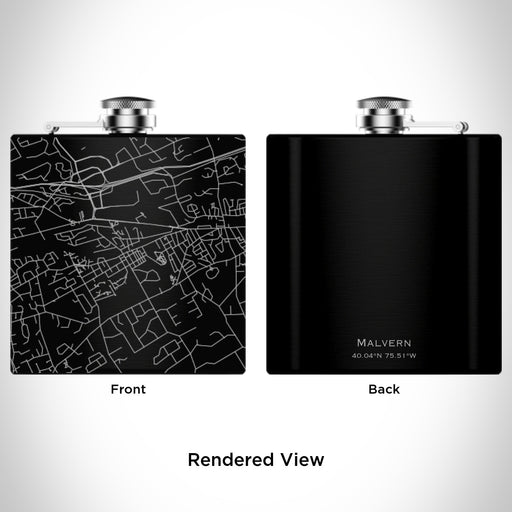 Rendered View of Malvern Pennsylvania Map Engraving on 6oz Stainless Steel Flask in Black