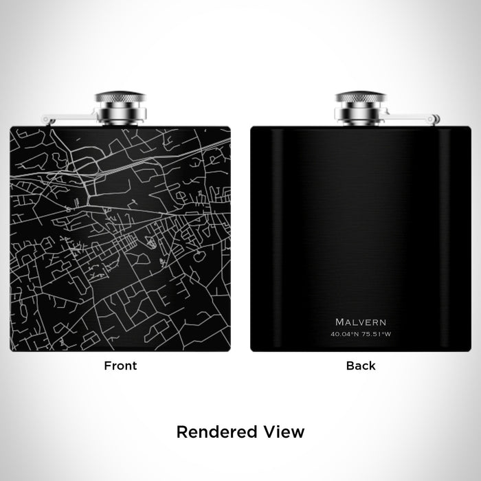 Rendered View of Malvern Pennsylvania Map Engraving on 6oz Stainless Steel Flask in Black