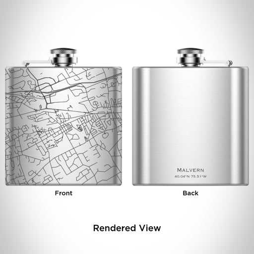 Rendered View of Malvern Pennsylvania Map Engraving on 6oz Stainless Steel Flask