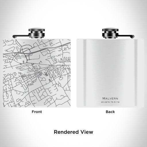 Rendered View of Malvern Pennsylvania Map Engraving on 6oz Stainless Steel Flask in White