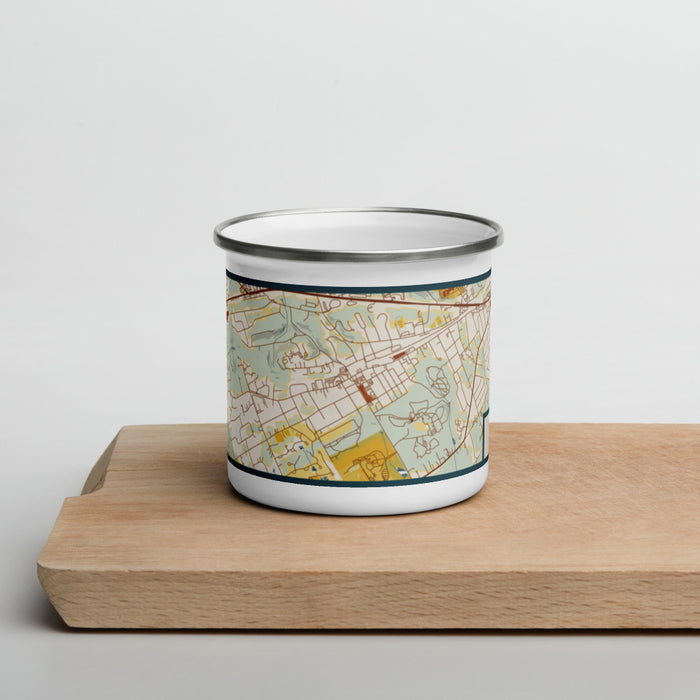 Front View Custom Malvern Pennsylvania Map Enamel Mug in Woodblock on Cutting Board