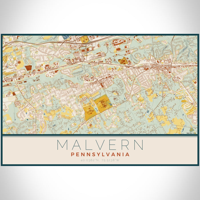 Malvern Pennsylvania Map Print Landscape Orientation in Woodblock Style With Shaded Background