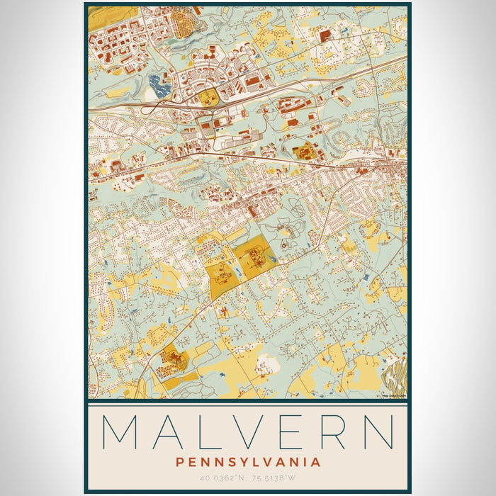 Malvern Pennsylvania Map Print Portrait Orientation in Woodblock Style With Shaded Background