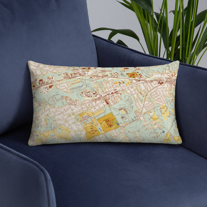 Custom Malvern Pennsylvania Map Throw Pillow in Woodblock on Blue Colored Chair