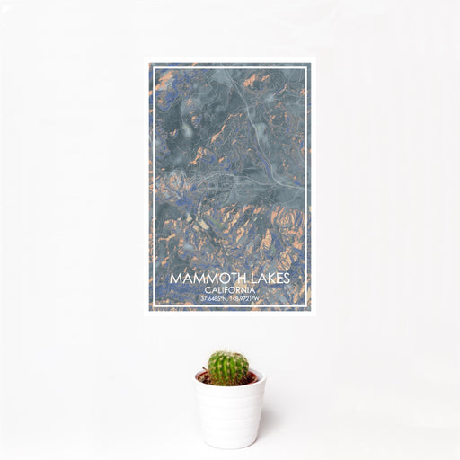 12x18 Mammoth Lakes California Map Print Portrait Orientation in Afternoon Style With Small Cactus Plant in White Planter