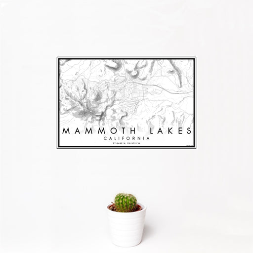 12x18 Mammoth Lakes California Map Print Landscape Orientation in Classic Style With Small Cactus Plant in White Planter