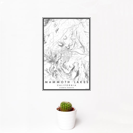 12x18 Mammoth Lakes California Map Print Portrait Orientation in Classic Style With Small Cactus Plant in White Planter