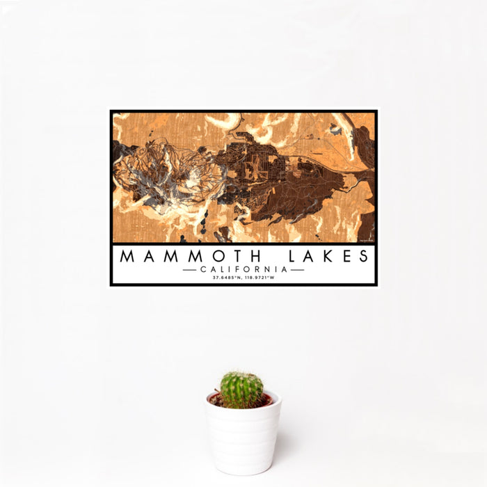12x18 Mammoth Lakes California Map Print Landscape Orientation in Ember Style With Small Cactus Plant in White Planter