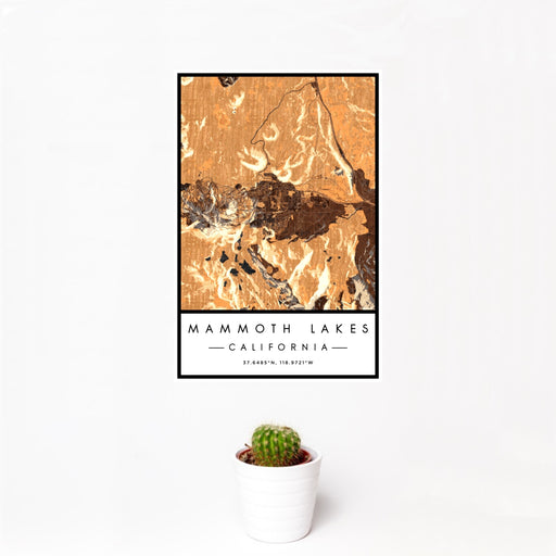 12x18 Mammoth Lakes California Map Print Portrait Orientation in Ember Style With Small Cactus Plant in White Planter