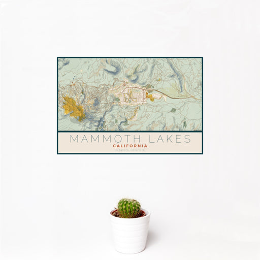 12x18 Mammoth Lakes California Map Print Landscape Orientation in Woodblock Style With Small Cactus Plant in White Planter