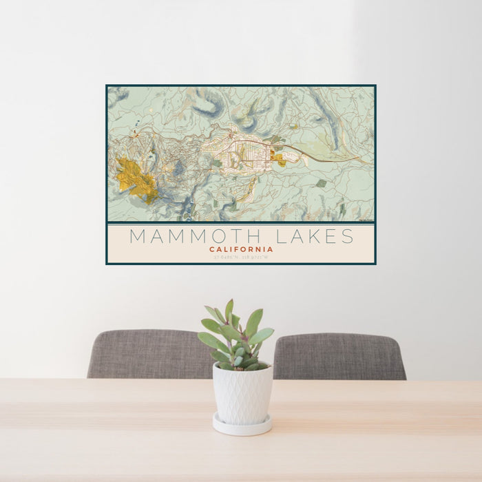 24x36 Mammoth Lakes California Map Print Lanscape Orientation in Woodblock Style Behind 2 Chairs Table and Potted Plant