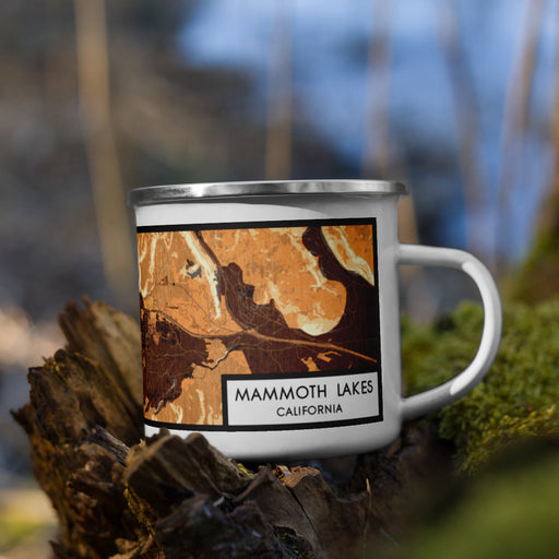 Right View Custom Mammoth Lakes California Map Enamel Mug in Ember on Grass With Trees in Background