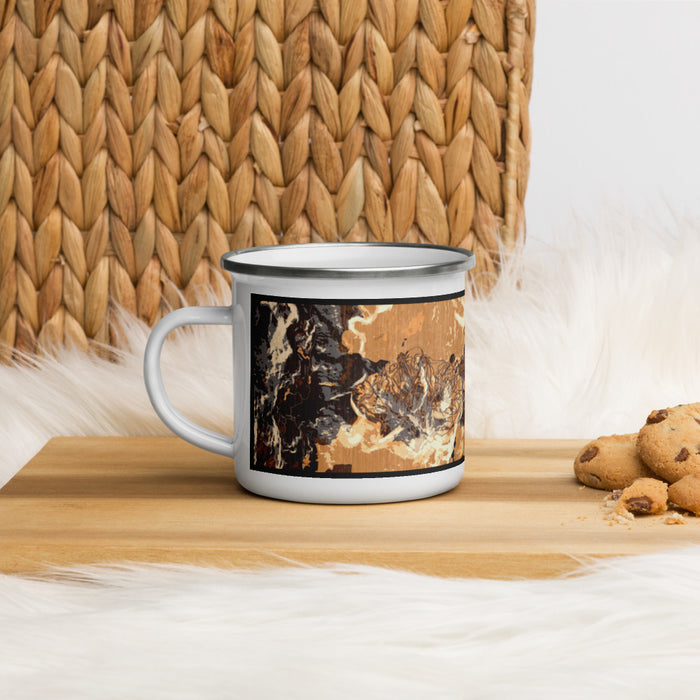 Left View Custom Mammoth Lakes California Map Enamel Mug in Ember on Table Top