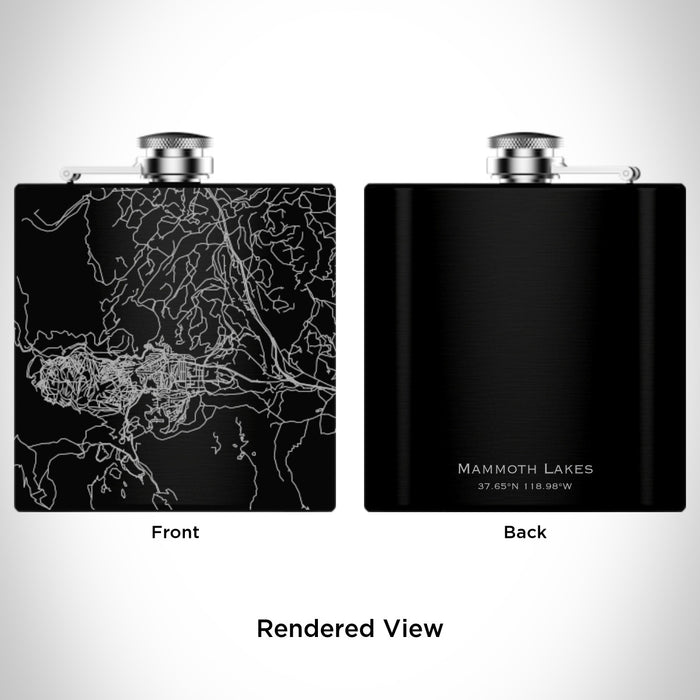 Rendered View of Mammoth Lakes California Map Engraving on 6oz Stainless Steel Flask in Black