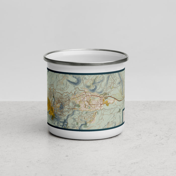 Front View Custom Mammoth Lakes California Map Enamel Mug in Woodblock