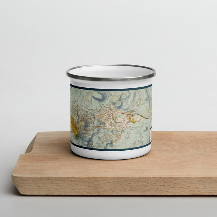 Front View Custom Mammoth Lakes California Map Enamel Mug in Woodblock on Cutting Board
