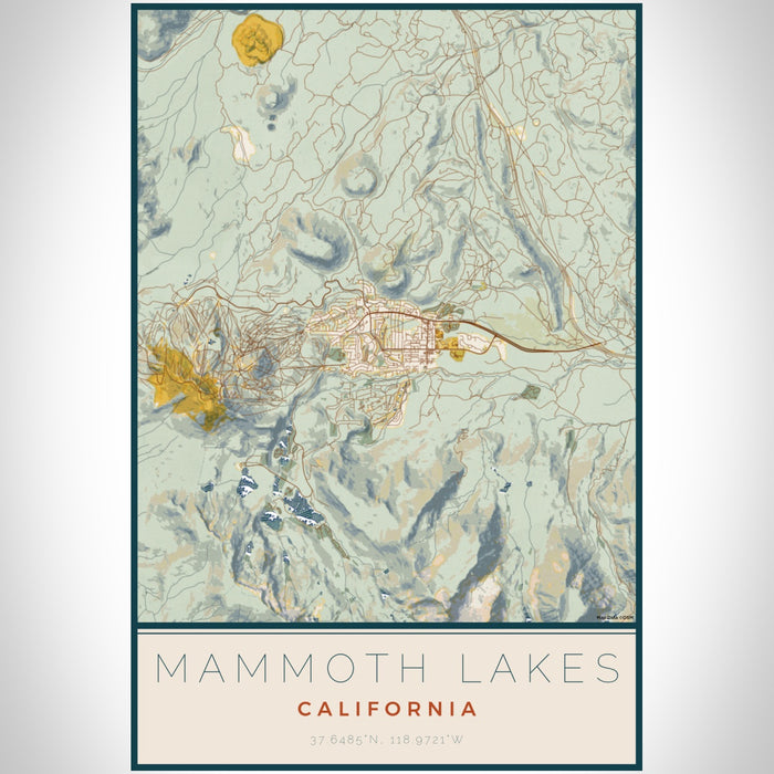 Mammoth Lakes California Map Print Portrait Orientation in Woodblock Style With Shaded Background