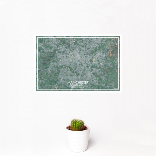 12x18 Manchester England Map Print Landscape Orientation in Afternoon Style With Small Cactus Plant in White Planter