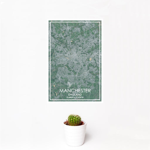 12x18 Manchester England Map Print Portrait Orientation in Afternoon Style With Small Cactus Plant in White Planter