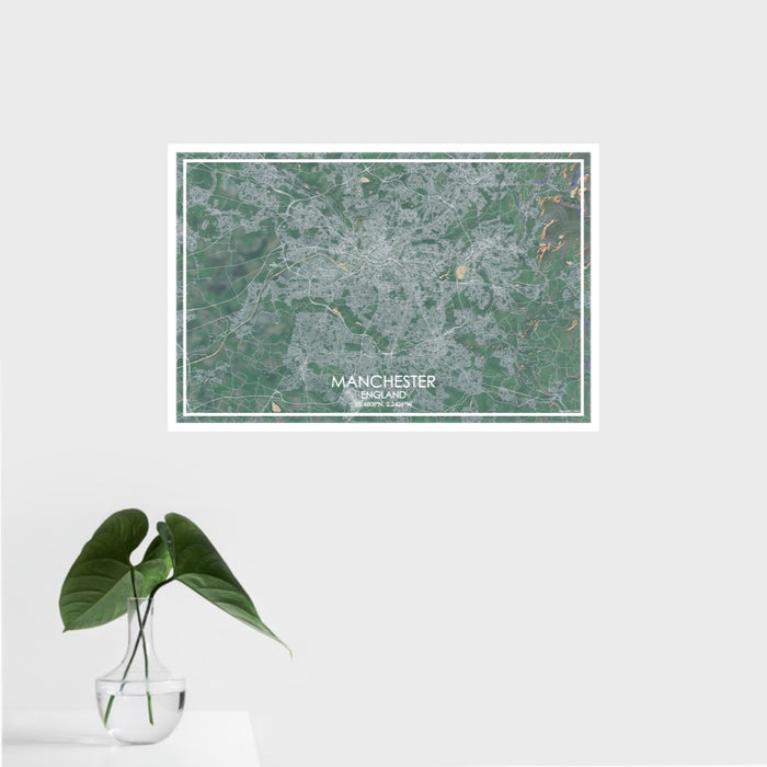 16x24 Manchester England Map Print Landscape Orientation in Afternoon Style With Tropical Plant Leaves in Water