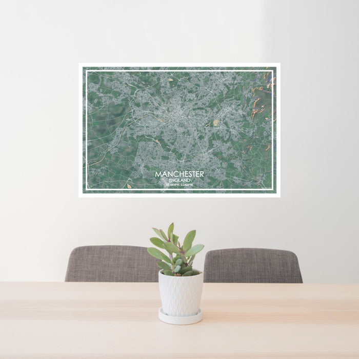 24x36 Manchester England Map Print Lanscape Orientation in Afternoon Style Behind 2 Chairs Table and Potted Plant