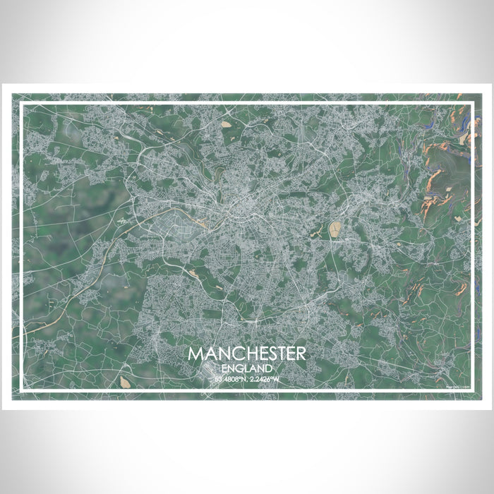 Manchester England Map Print Landscape Orientation in Afternoon Style With Shaded Background