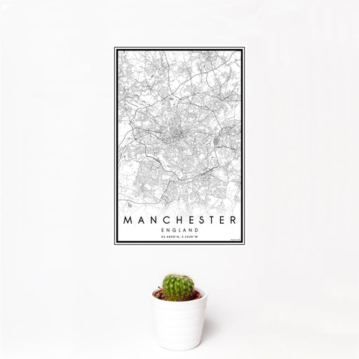 12x18 Manchester England Map Print Portrait Orientation in Classic Style With Small Cactus Plant in White Planter