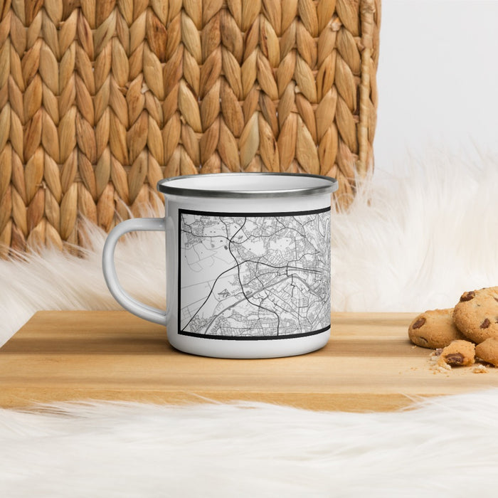 Left View Custom Manchester England Map Enamel Mug in Classic on Table Top