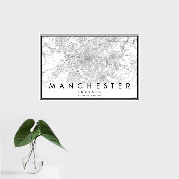 16x24 Manchester England Map Print Landscape Orientation in Classic Style With Tropical Plant Leaves in Water