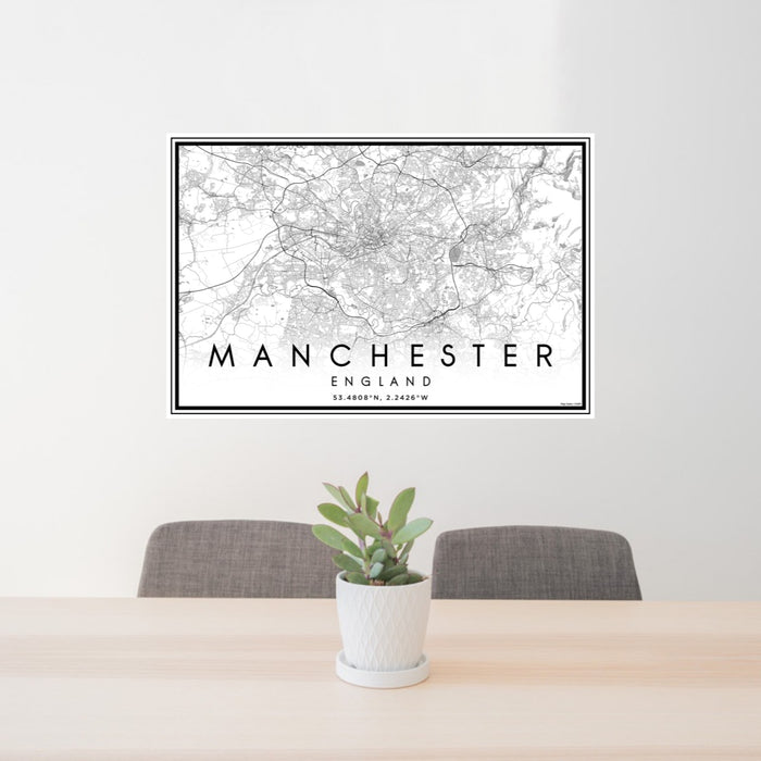 24x36 Manchester England Map Print Landscape Orientation in Classic Style Behind 2 Chairs Table and Potted Plant