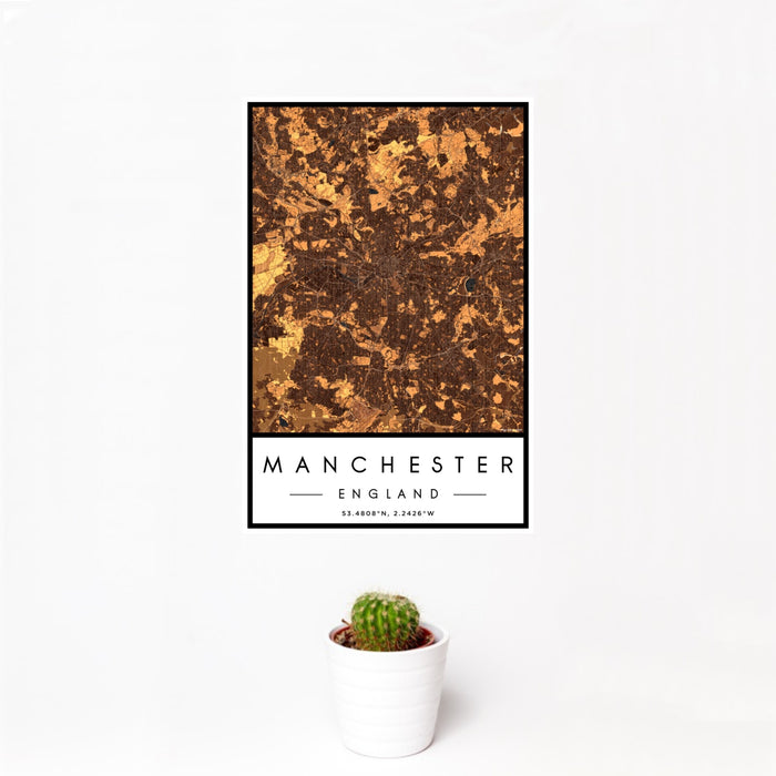 12x18 Manchester England Map Print Portrait Orientation in Ember Style With Small Cactus Plant in White Planter