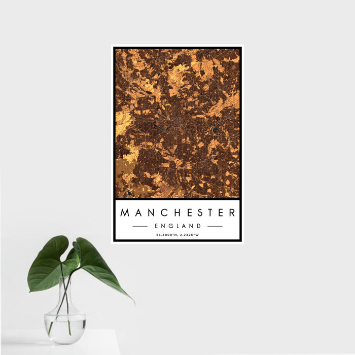 16x24 Manchester England Map Print Portrait Orientation in Ember Style With Tropical Plant Leaves in Water