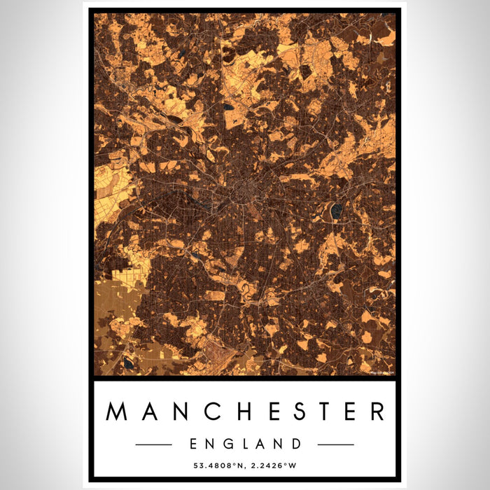 Manchester England Map Print Portrait Orientation in Ember Style With Shaded Background