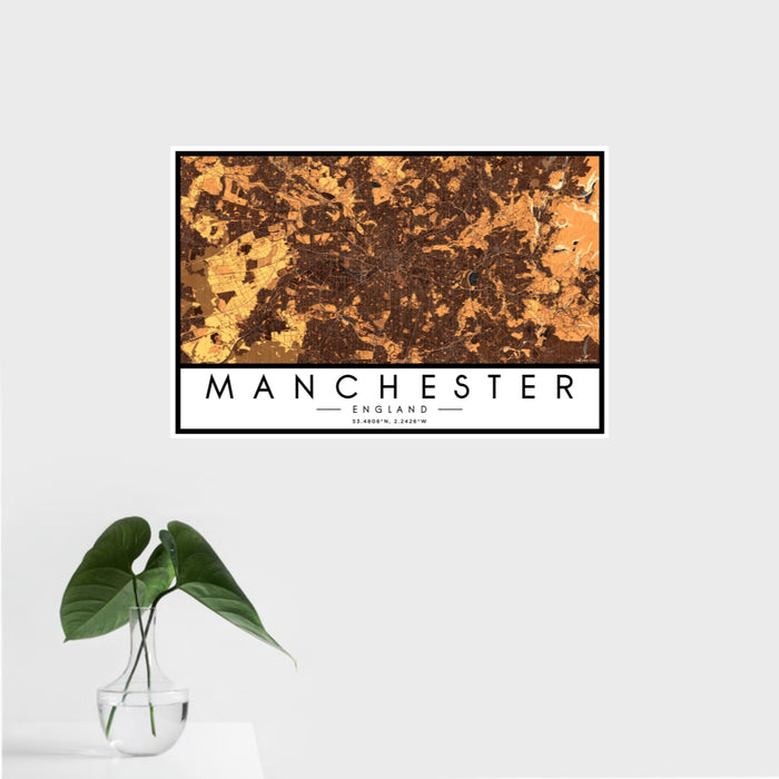 16x24 Manchester England Map Print Landscape Orientation in Ember Style With Tropical Plant Leaves in Water