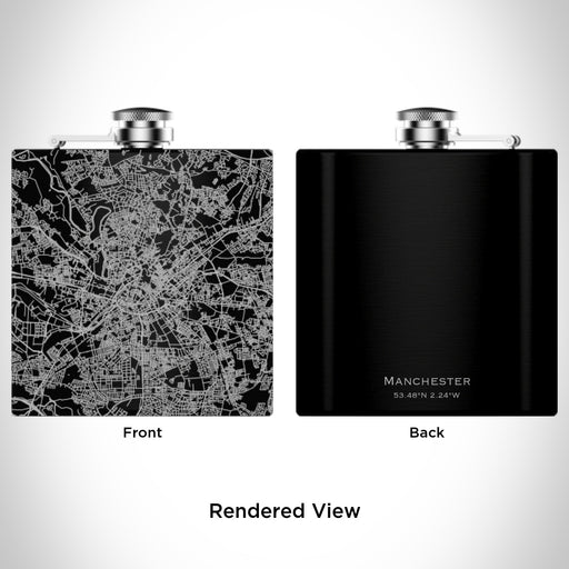 Rendered View of Manchester England Map Engraving on 6oz Stainless Steel Flask in Black