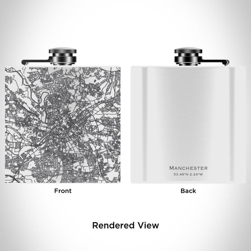 Rendered View of Manchester England Map Engraving on 6oz Stainless Steel Flask in White
