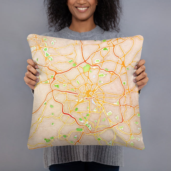 Person holding 18x18 Custom Manchester England Map Throw Pillow in Watercolor
