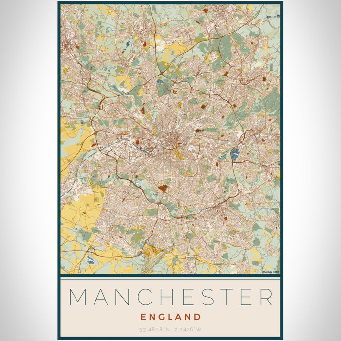 Manchester England Map Print Portrait Orientation in Woodblock Style With Shaded Background