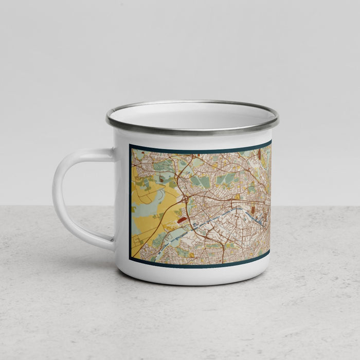 Left View Custom Manchester England Map Enamel Mug in Woodblock