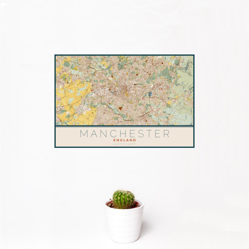 12x18 Manchester England Map Print Landscape Orientation in Woodblock Style With Small Cactus Plant in White Planter