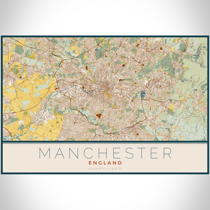 Manchester England Map Print Landscape Orientation in Woodblock Style With Shaded Background