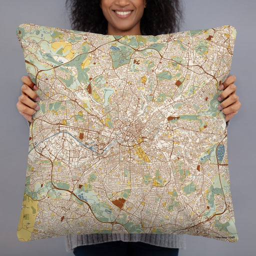 Person holding 22x22 Custom Manchester England Map Throw Pillow in Woodblock