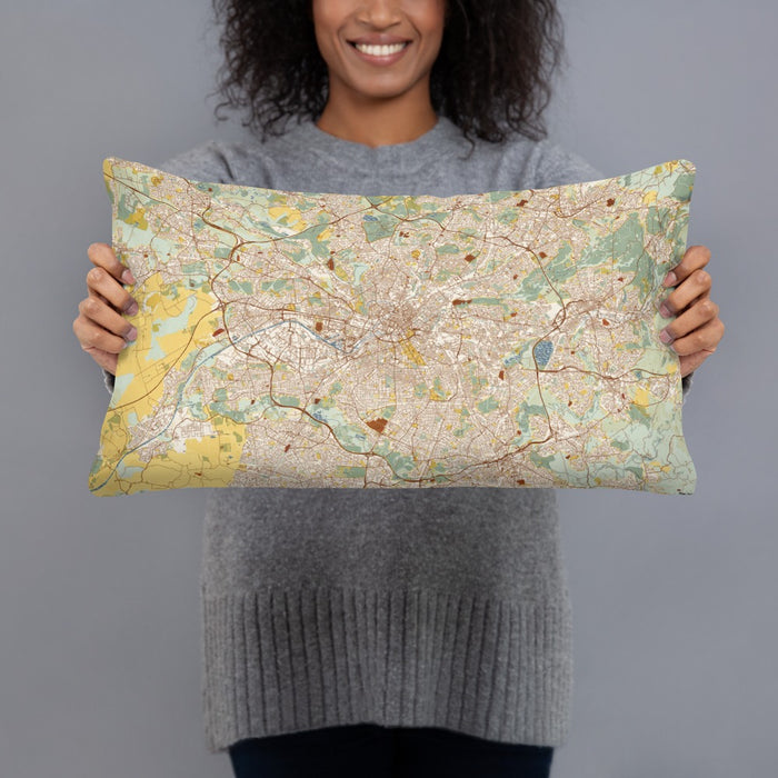 Person holding 20x12 Custom Manchester England Map Throw Pillow in Woodblock