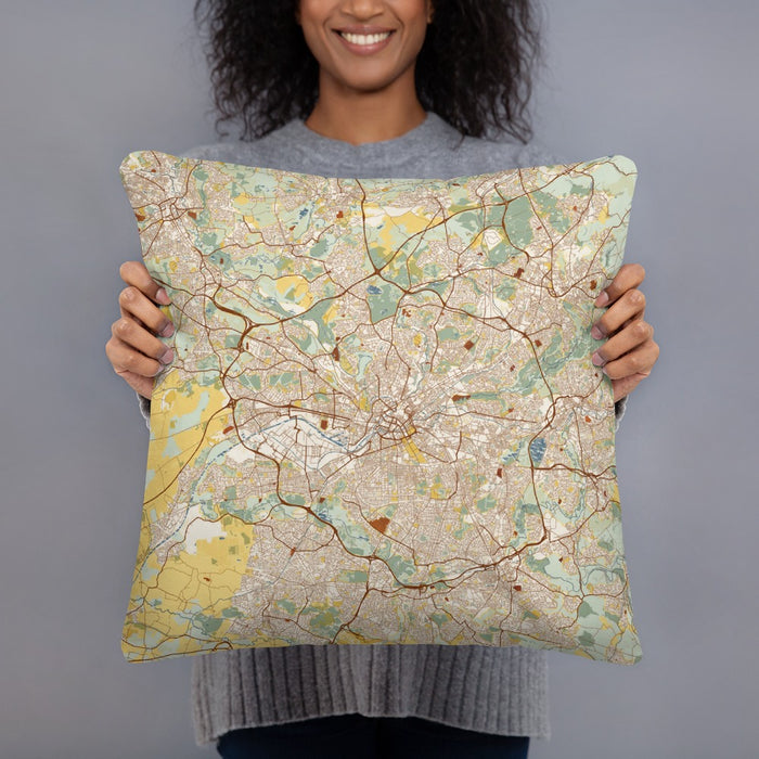 Person holding 18x18 Custom Manchester England Map Throw Pillow in Woodblock
