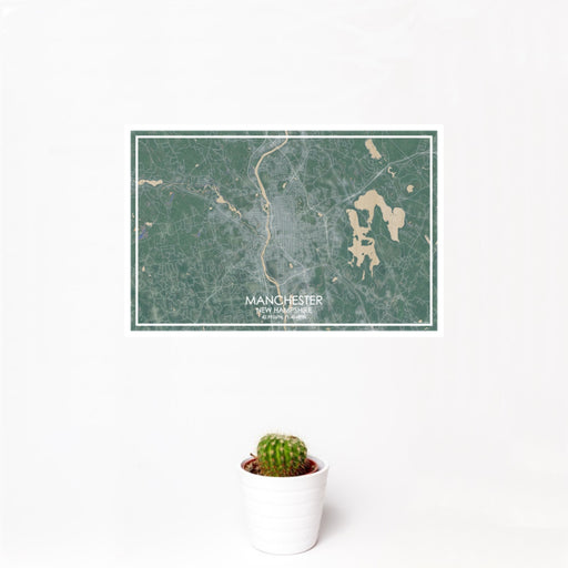 12x18 Manchester New Hampshire Map Print Landscape Orientation in Afternoon Style With Small Cactus Plant in White Planter